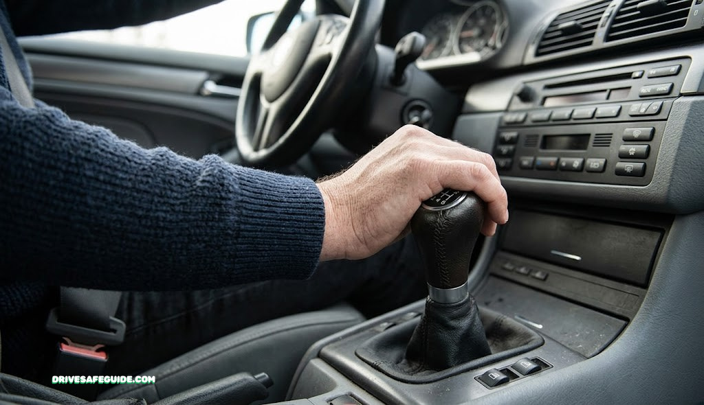 Driver's hand on a manual transmission gear shifter inside a car