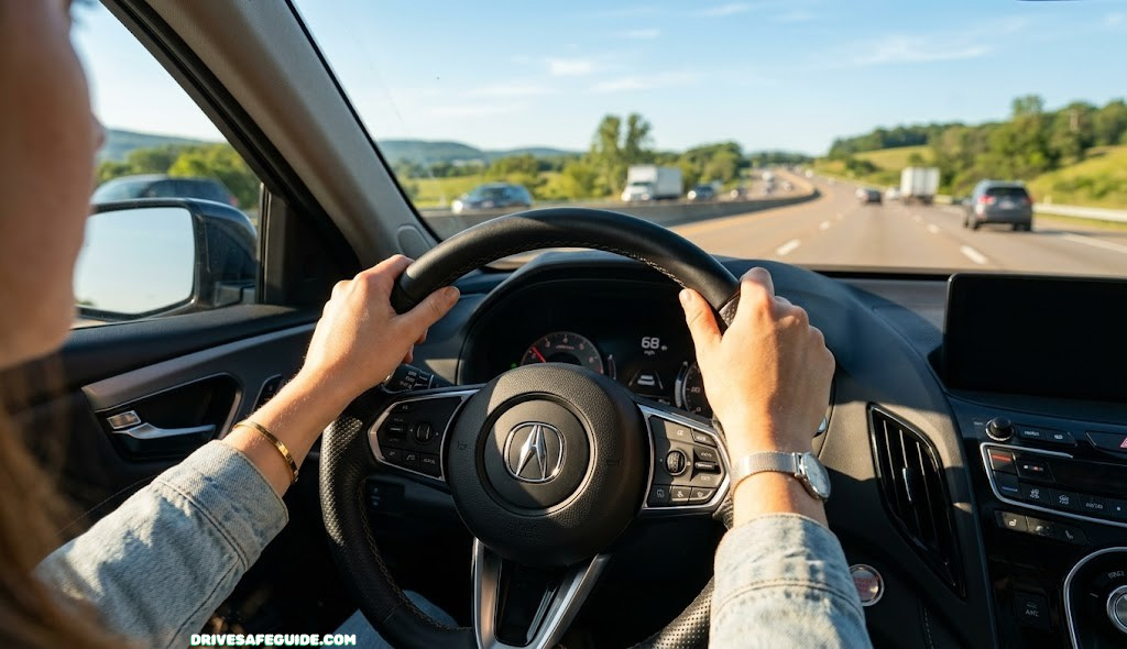 Driver's hands on a steering wheel on a sunlit highway