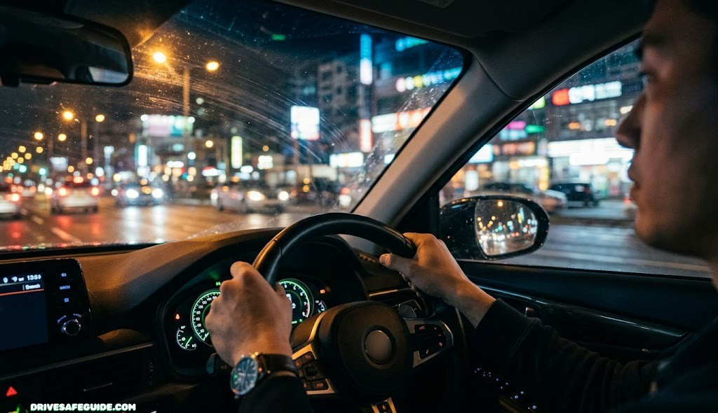 Driver's hands on the steering wheel at night with city lights reflected in the windshield, representing situational awareness while driving