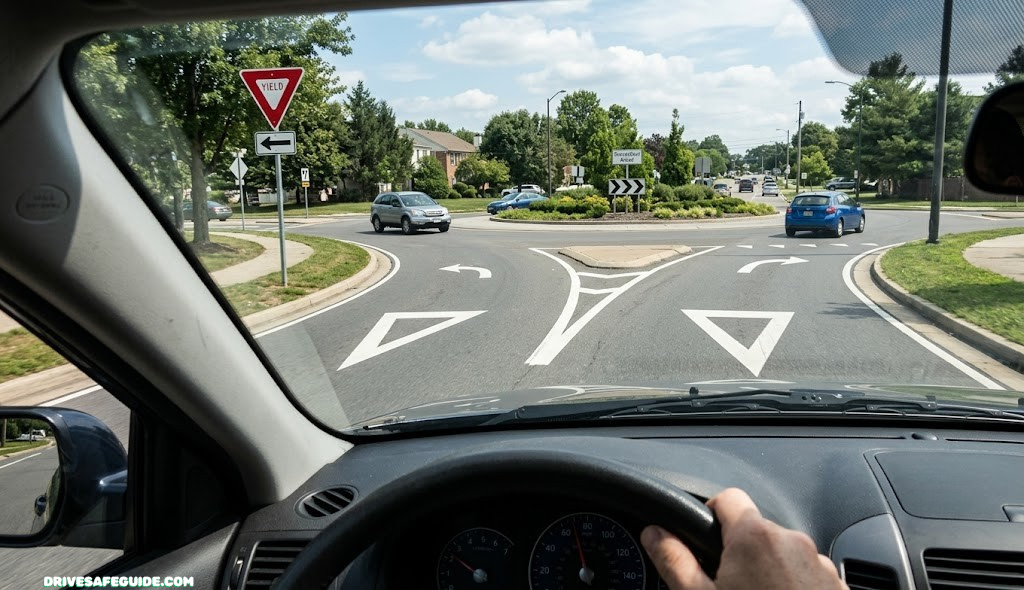 Driver's point of view approaching a roundabout with yield sign and directional arrows on the road