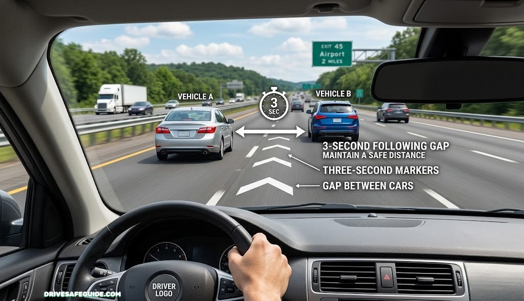 Driver's point of view showing three-second gap markers between two cars on a highway