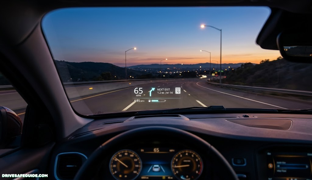 Driver's view through a windshield at dusk with dashboard glow, representing a heads-up display in a vehicle