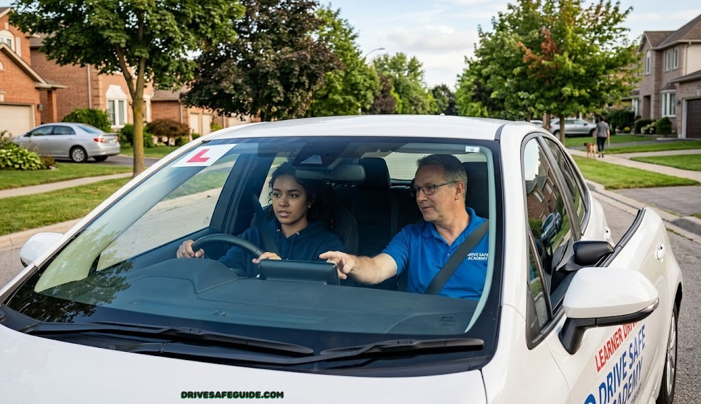 Driving instructor coaching a student driver on a quiet residential street