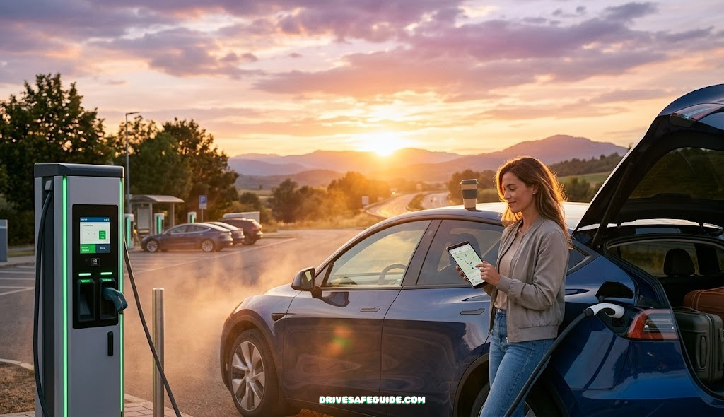 Electric vehicle plugged into a charging station at sunset, illustrating confident EV road trip planning