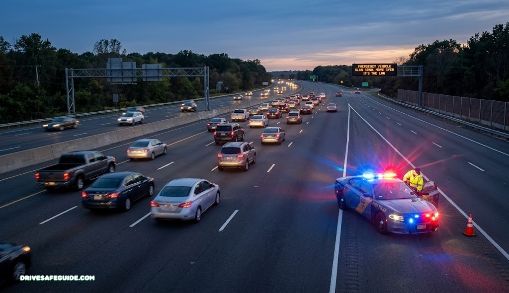 Emergency vehicle with flashing lights parked on highway shoulder as traffic moves over into the far lane