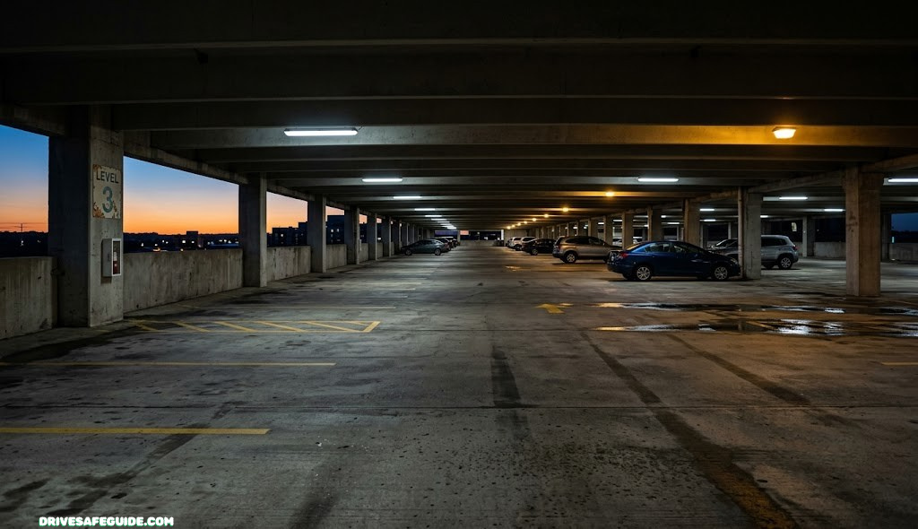 Empty parking garage at dusk with rows of parked cars, a common setting for carjacking risk