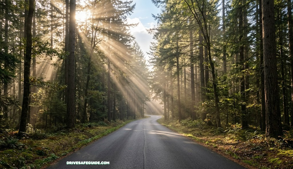 Empty road cutting through tall trees with sun rays breaking through, representing the open road drivers navigate every day
