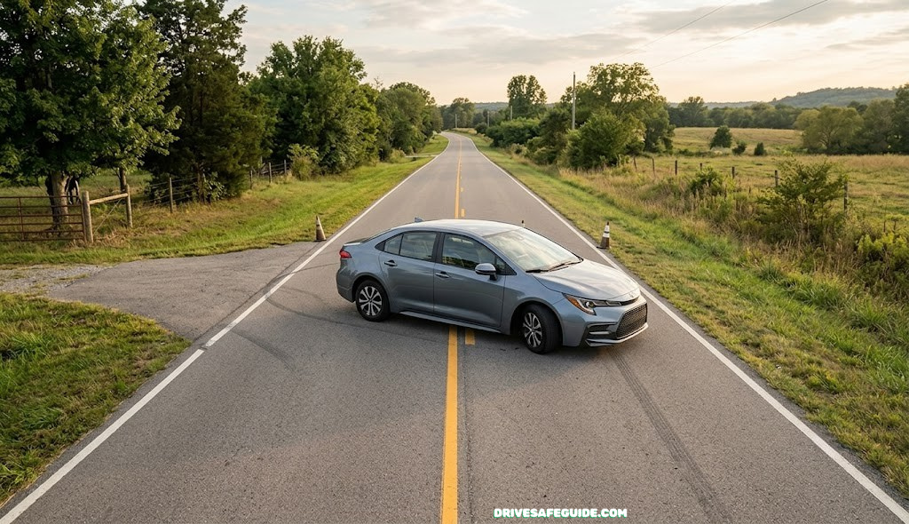 Empty two-lane road used for practicing a three-point turn