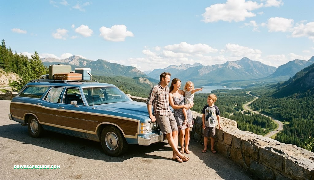 Family standing next to a classic road trip car at a scenic roadside overlook