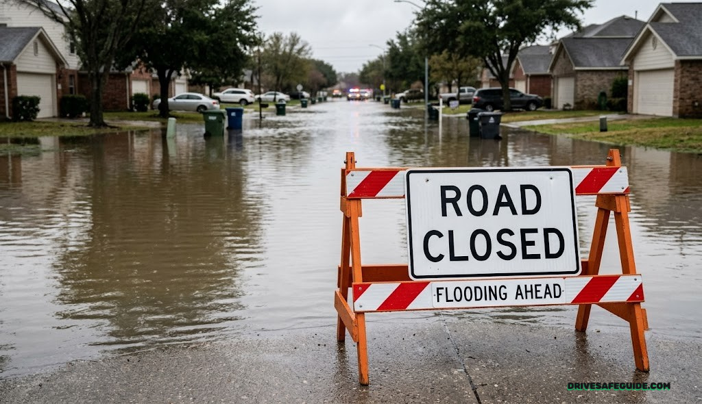Flooded street with a warning barricade sign in front of submerged road