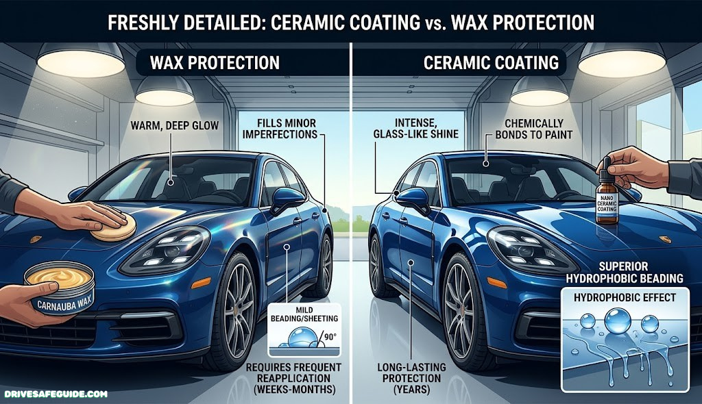 Freshly detailed car with glossy paint reflecting light, illustrating ceramic coating vs wax protection