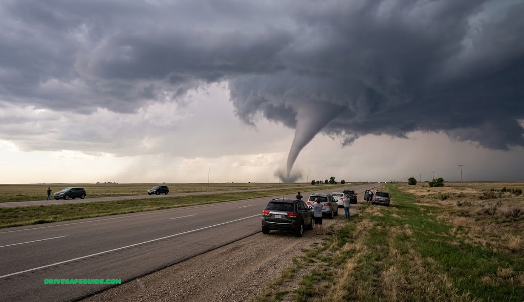 Funnel cloud forming over an open highway with cars pulled to the shoulder
