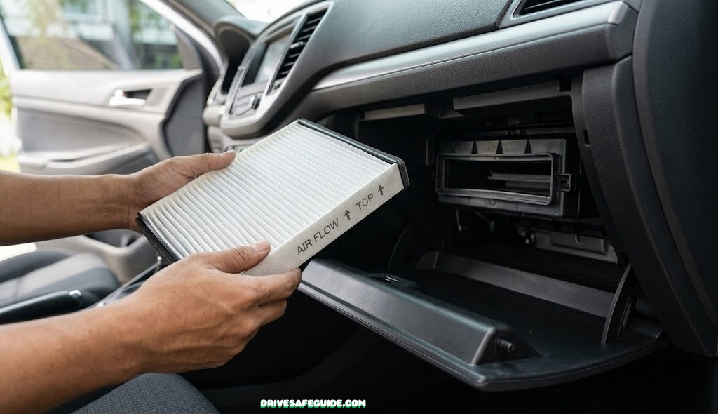 Hands holding a pleated cabin air filter next to an open glovebox, showing the filter housing behind it