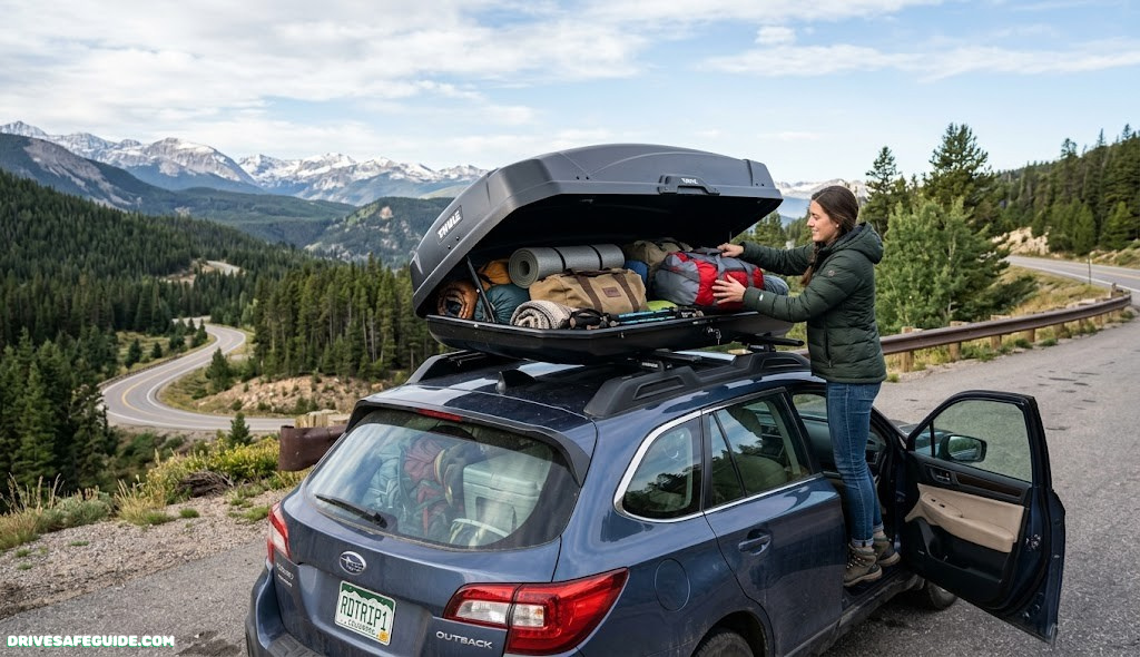 Hard-shell rooftop cargo box mounted on crossbars, packed for a road trip
