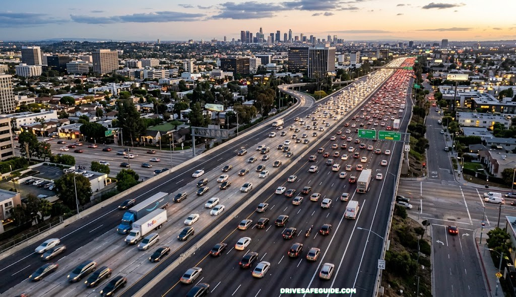High-angle view of a multi-lane road carrying a steady stream of vehicles