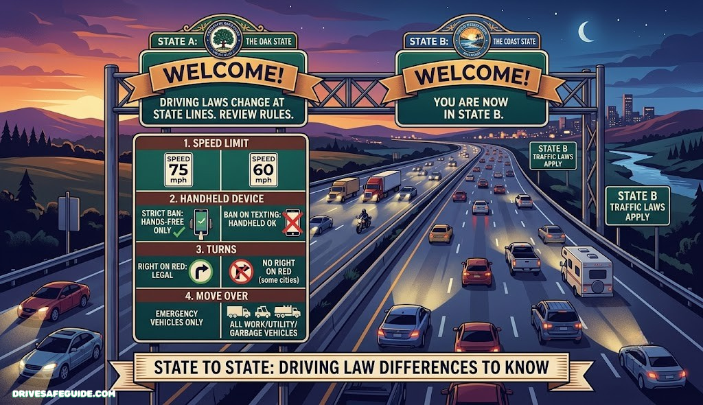 Highway at dusk with a state welcome sign, representing how driving laws change from state to state