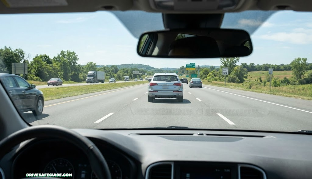 Highway traffic viewed from inside a car showing safe gap between vehicles