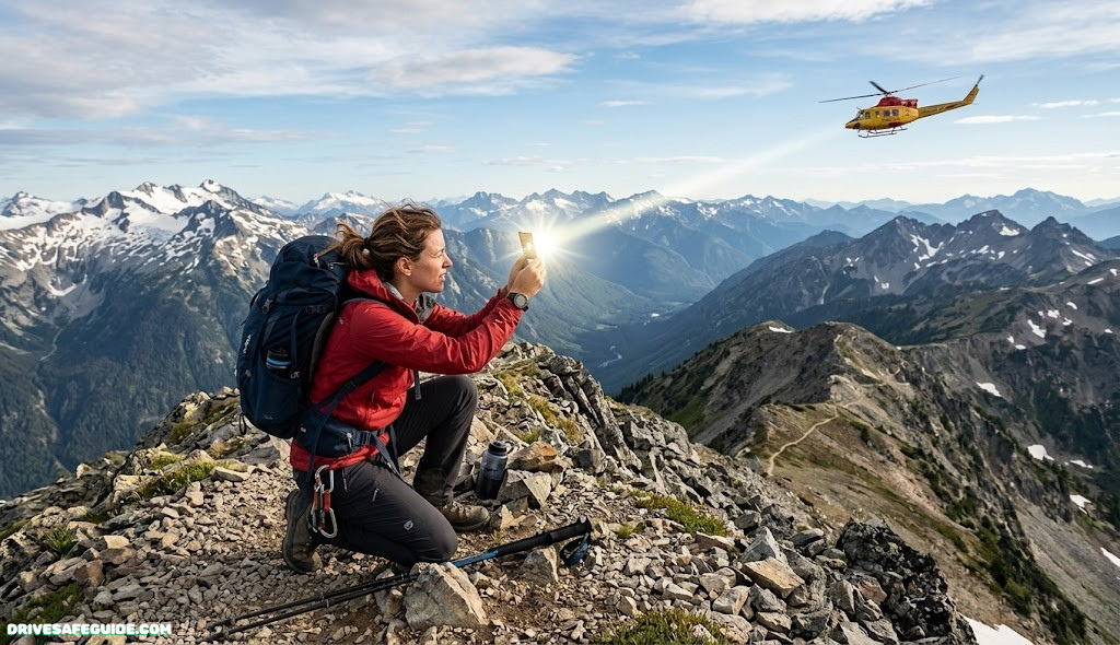 Hiker aiming an emergency signal mirror at a distant search aircraft from a ridge