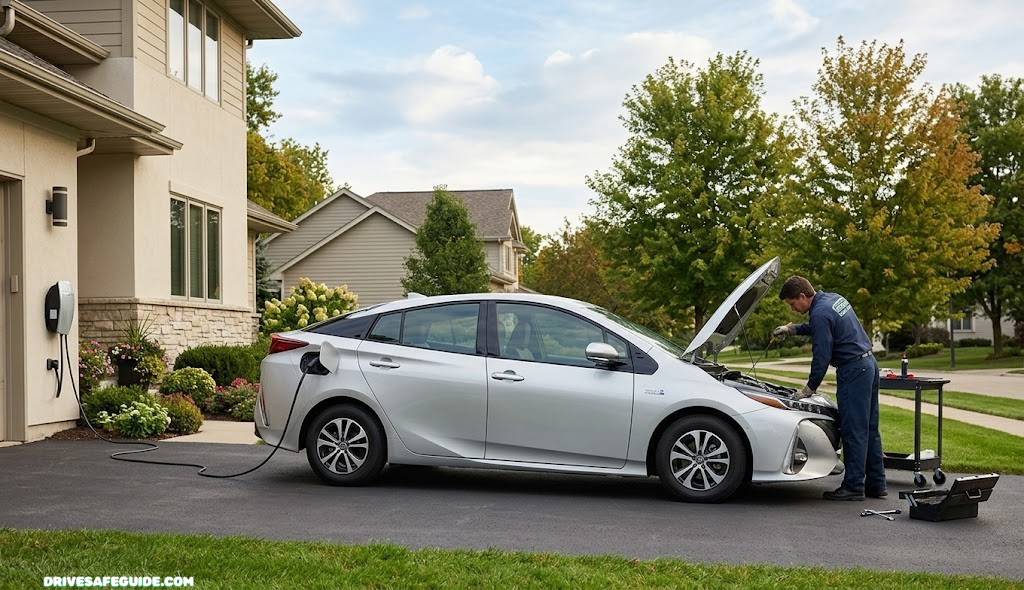 Hybrid vehicle plugged in and parked in a driveway during routine maintenance