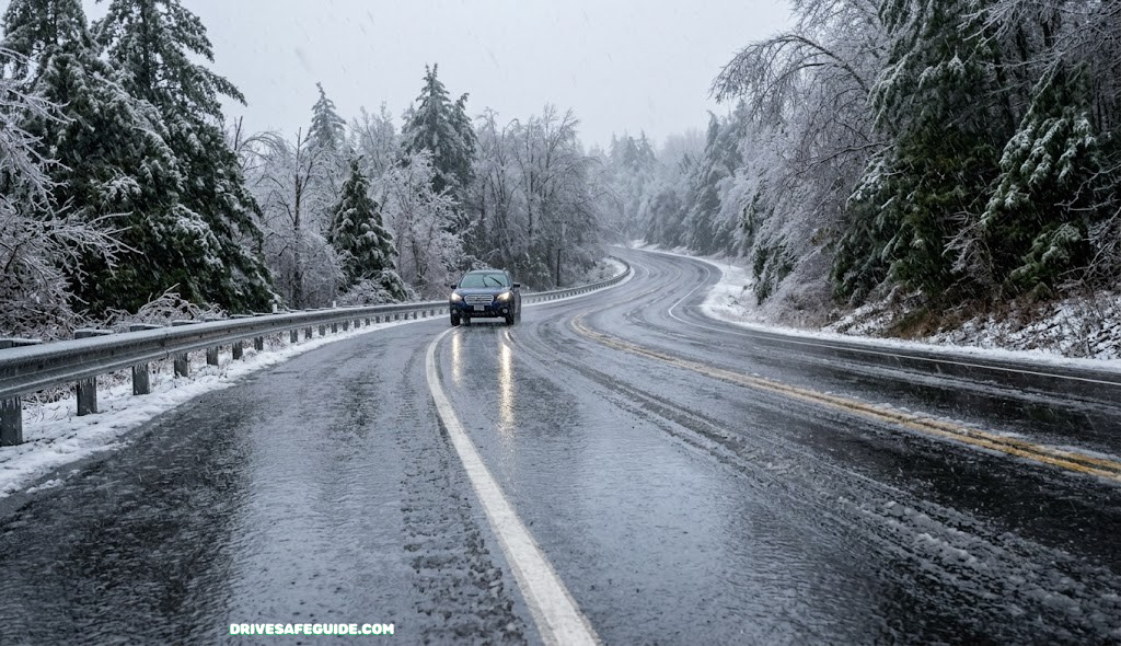 Icy road glazed with freezing rain during a winter storm