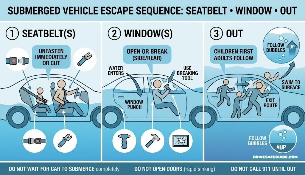 Illustration of the seatbelt, window, out escape sequence used in vehicle submersion