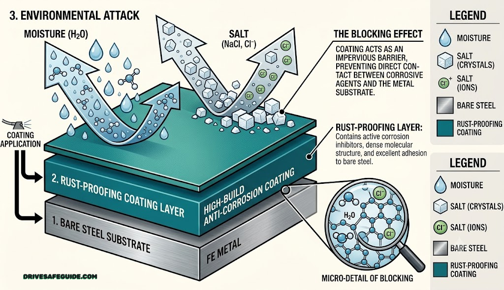 Illustrative cross-section diagram of a rust-proofing coating layer sitting over bare steel, blocking moisture and salt from reaching the metal