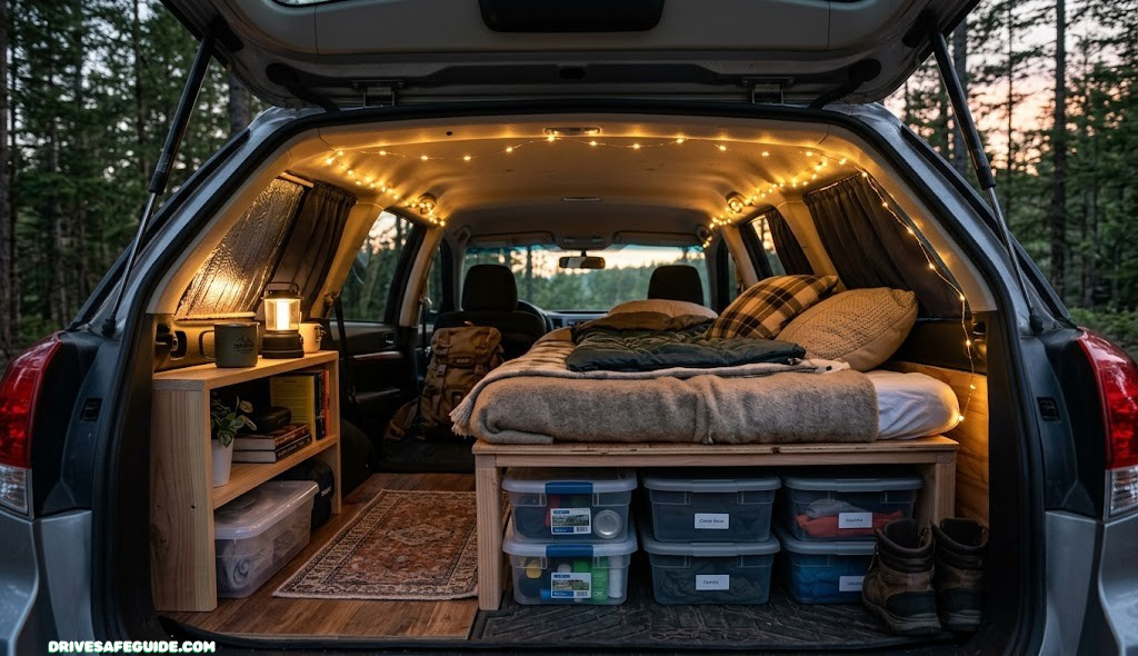 Interior view of a car camping conversion showing a sleeping platform, storage bins, and string lights