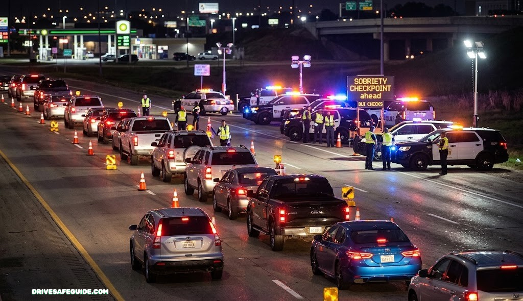 Line of cars waiting at a nighttime DUI checkpoint with police light bars visible in the distance