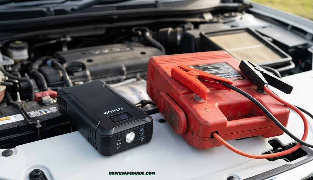 Lithium jump starter pack sitting next to a traditional lead-acid jump starter box on a car engine bay