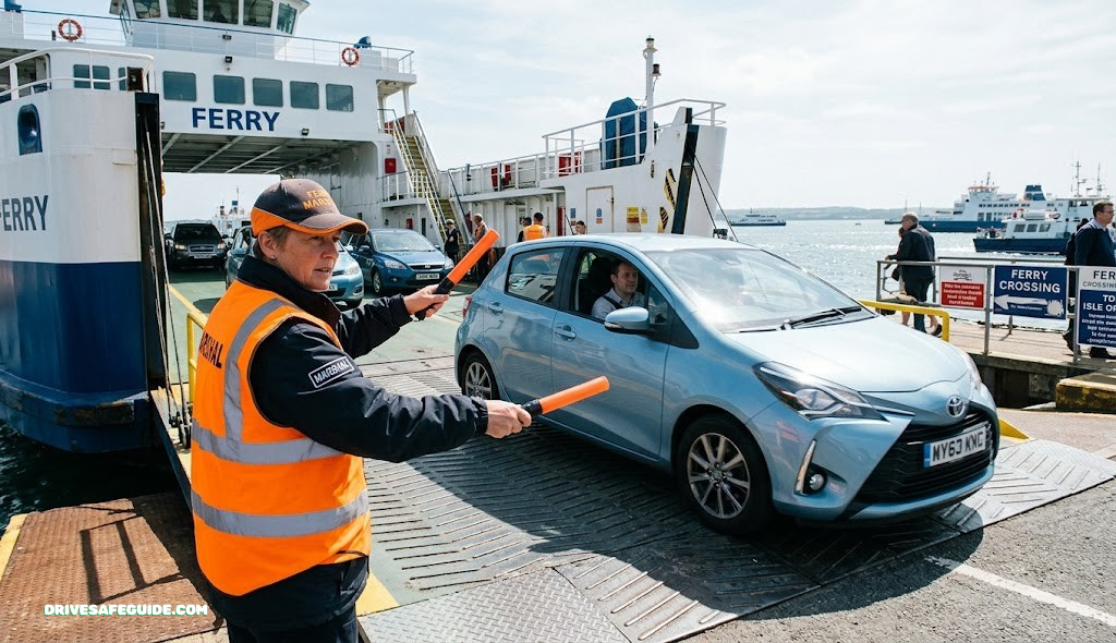 Marshaling crew member directing a car onto a ferry ramp