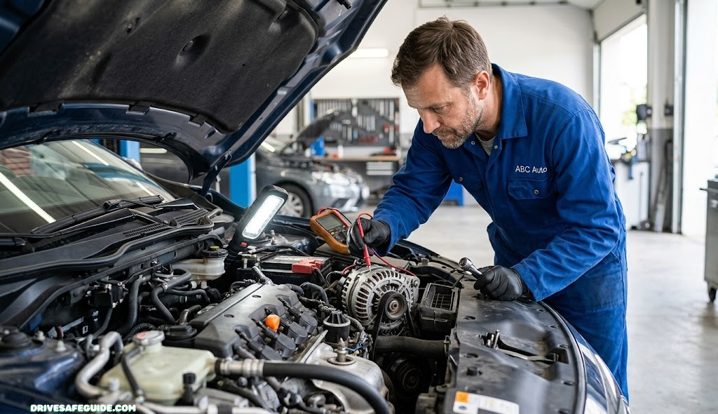 Mechanic inspecting a car alternator under the hood