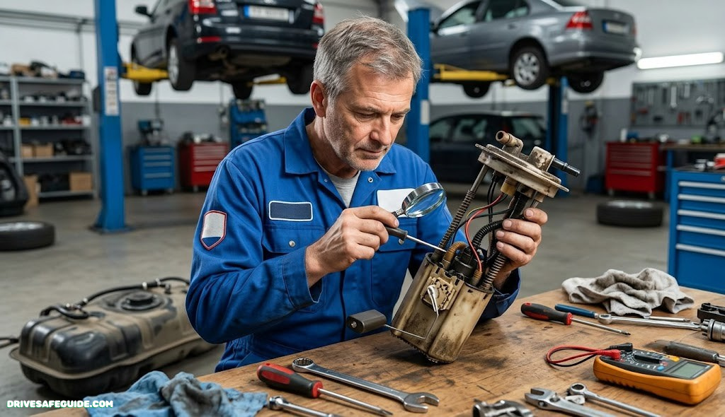 Mechanic inspecting a fuel pump assembly removed from a vehicle fuel tank on a workbench