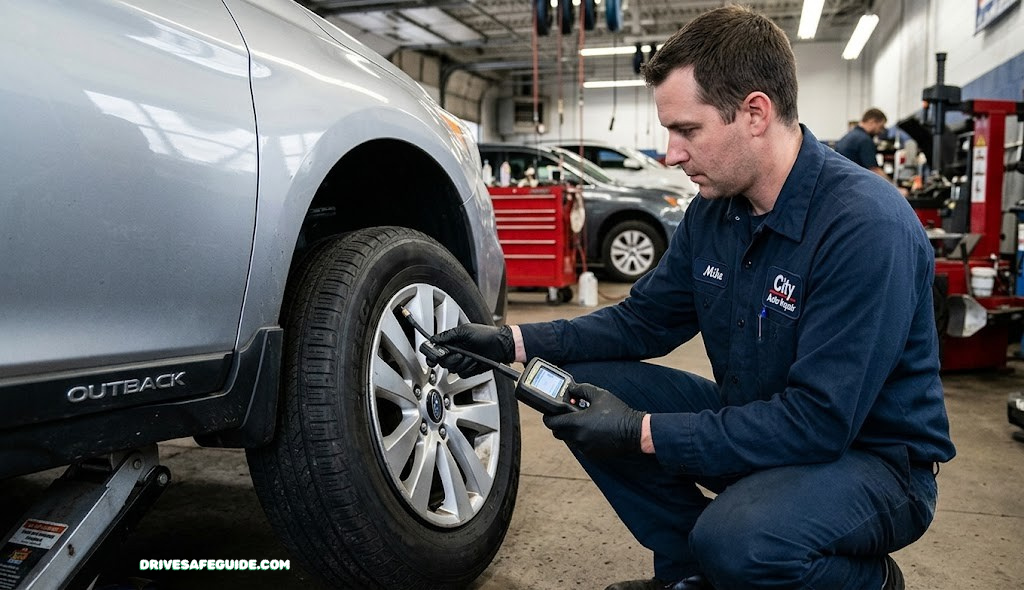 Mechanic inspecting a tire pressure monitoring system sensor on a car wheel