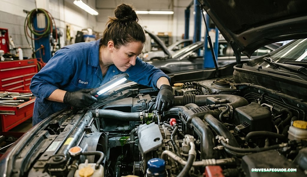 Mechanic inspecting an engine bay for a coolant leak near the radiator hoses