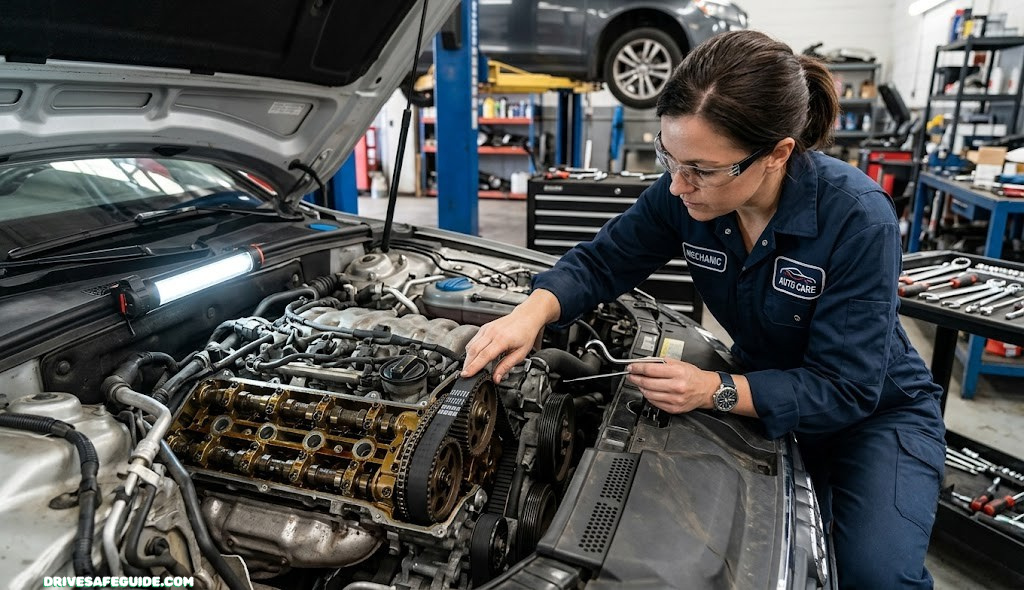 Mechanic inspecting an engine timing belt and timing chain during a service interval check
