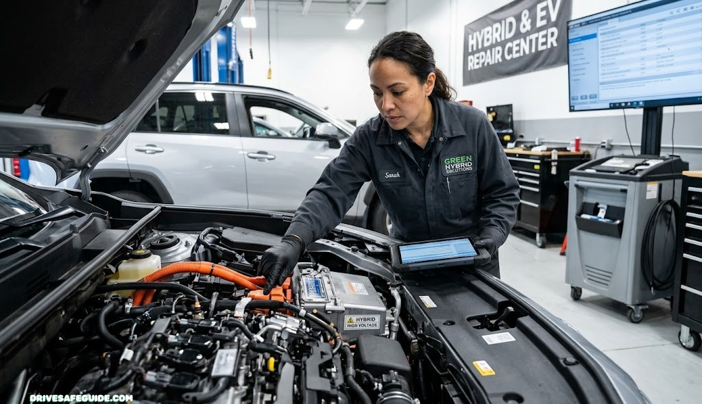 Mechanic inspecting the engine bay of a hybrid vehicle