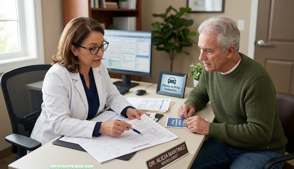 Neurologist reviewing an EEG chart with a patient before a driving fitness evaluation