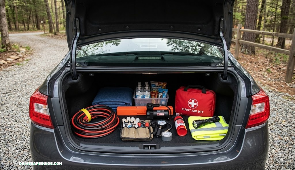 Open car trunk packed with emergency kit supplies including a first aid bag, flashlight, and jumper cables
