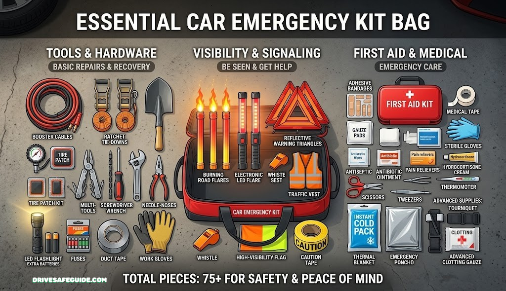 Organized car emergency kit bag with tools, flares, and first aid supplies laid out on a garage floor