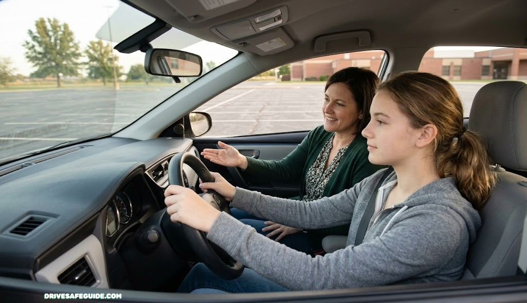Parent in the passenger seat coaching a teenager driving a car, hands relaxed near the wheel, practicing in a quiet lot