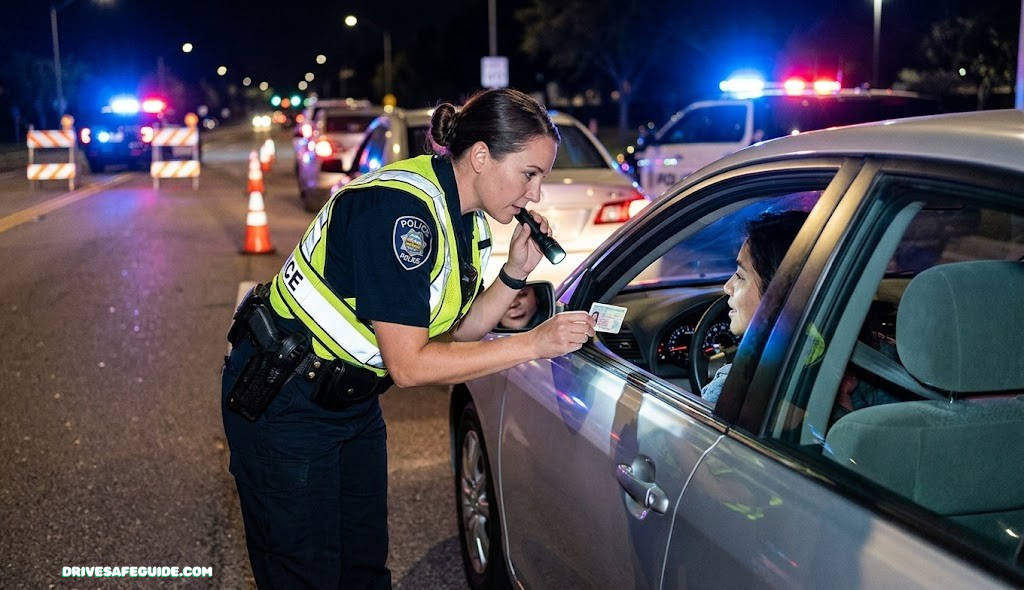 Police officer leaning toward a driver's side window at a sobriety checkpoint, checking a license