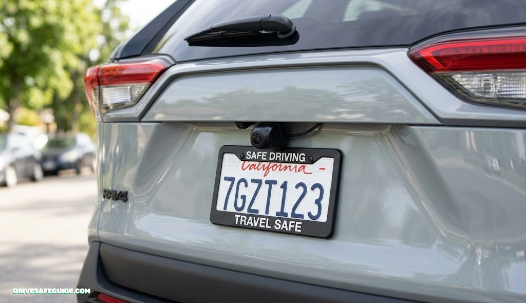 Rear view camera mounted above a vehicle license plate