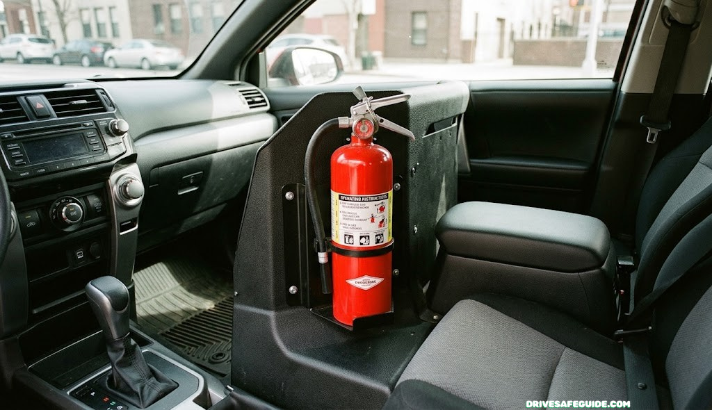 Red fire extinguisher mounted inside a vehicle cabin
