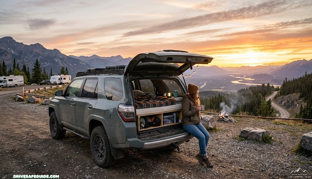 SUV with tailgate open at sunset, sleeping platform visible, parked at a scenic overlook during a car camping road trip