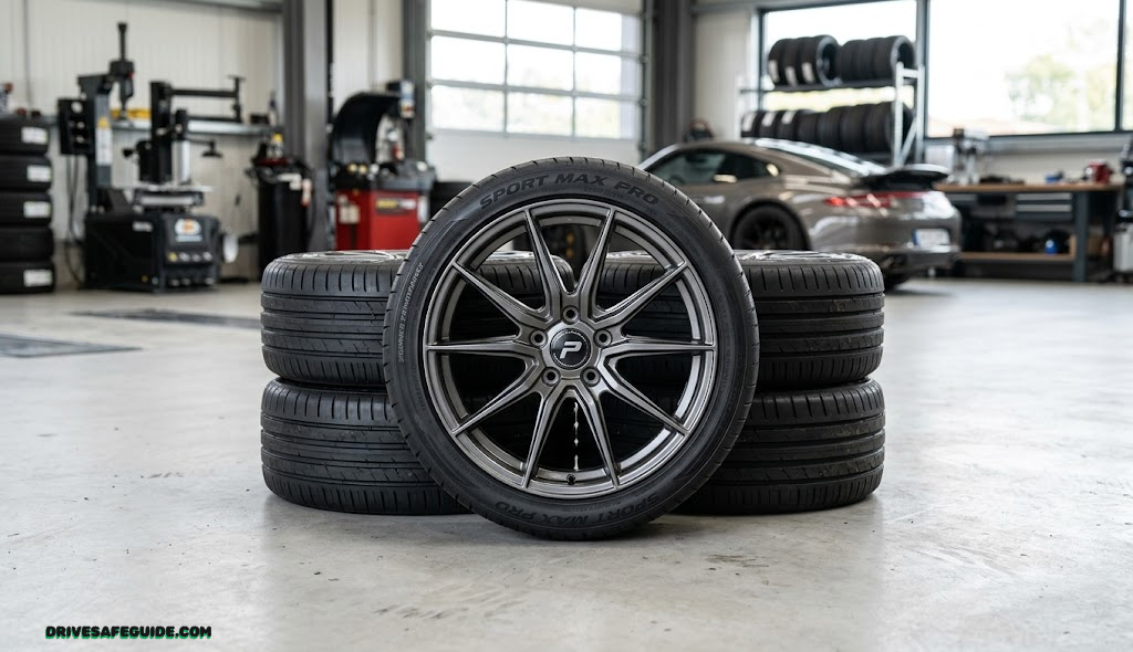 Set of new summer performance tires mounted on alloy wheels