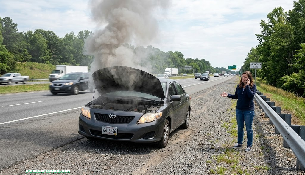Smoke rising from under the hood of a car pulled over on a roadside shoulder