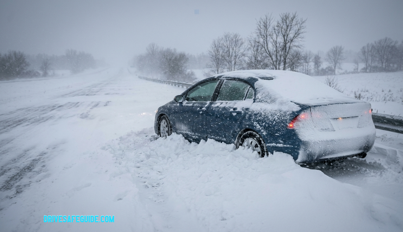Snow piling up against a stranded vehicle on a rural highway during a winter storm