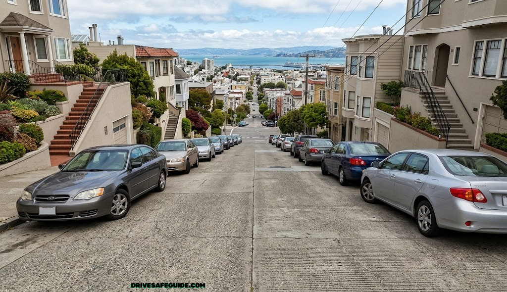 Steep hill street with cars parked on an incline