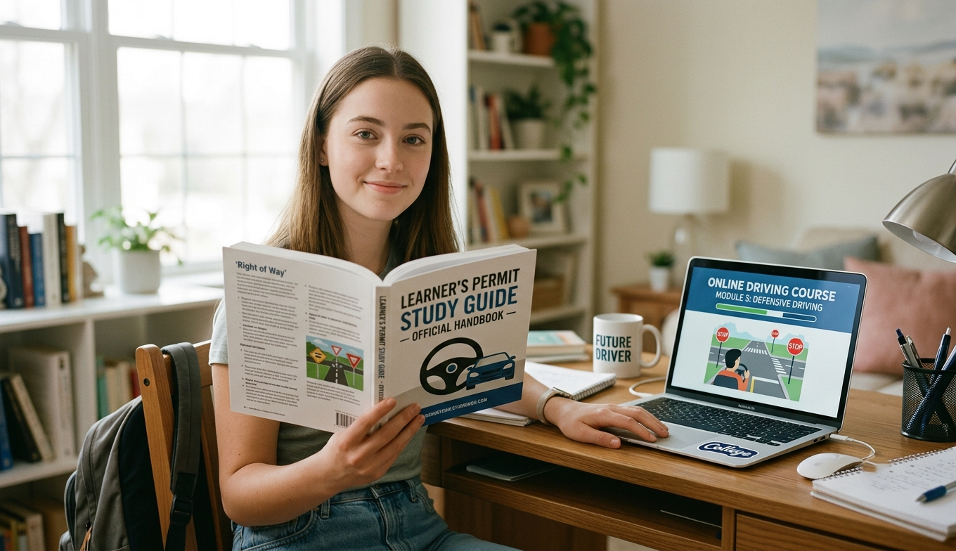 Student holding a learner's permit study guide next to a laptop showing an online driving course