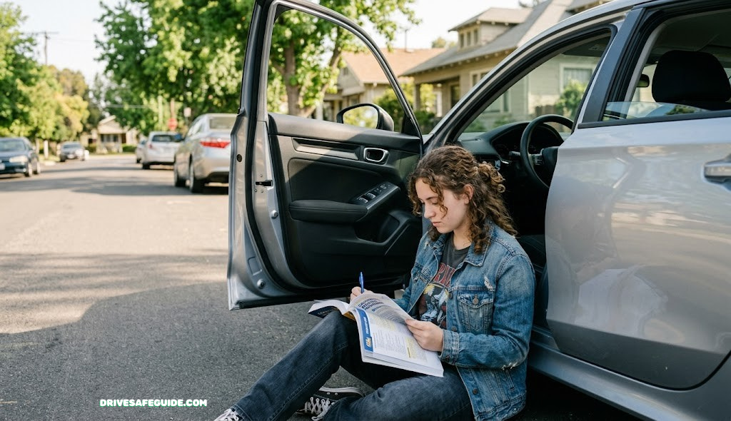 Teen driver studying a permit handbook beside a parked car